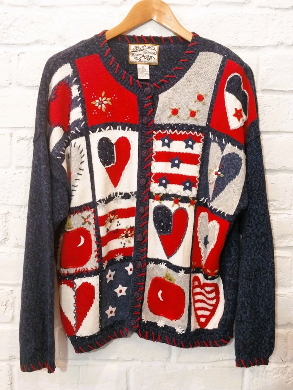 Vintage Heirloom Collectibles Sweater Women XL Knit Cardigan Red Blue Patriotic.
